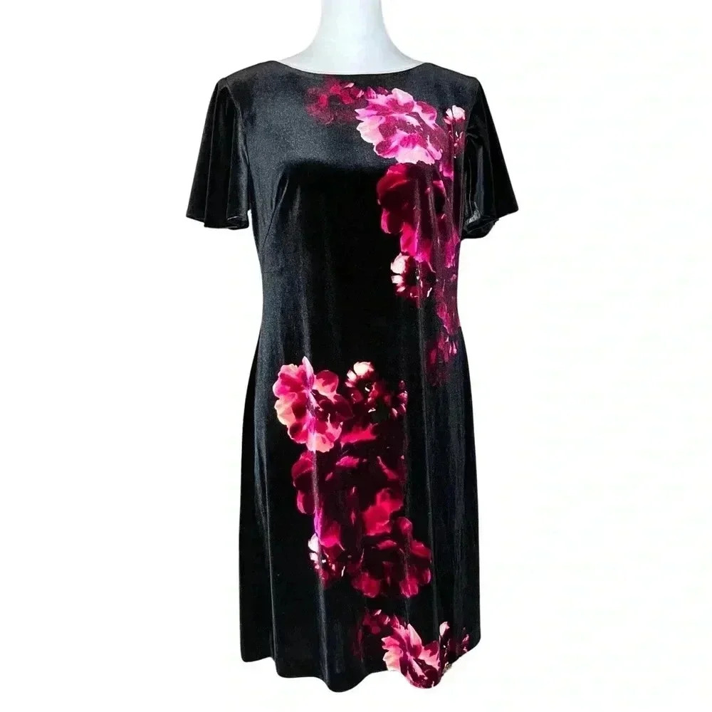 Whimsigoth Black Velvet Dress Asymmetrical Pink Floral Pattern. Sz 12. 90s Vibes